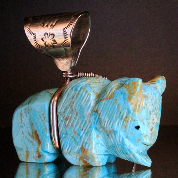 Vintage Zuni Buffalo Fetish Sculpted Turquoise 2" Large Sterling Silver Pendant - Picture 1 of 11